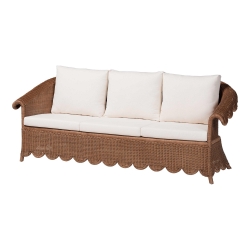 bali & pari Detta Natural Rattan Sofa with Cushion - Handwoven Wicker Settee with Rolled Arms and Scalloped Skirt Base, Boho Coastal Style for Sunroom or Lounge